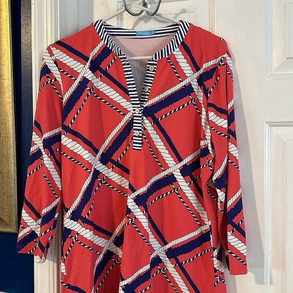 Women’s J. McLaughlin Red, White & Blue V Neck Nautical Rope Design Tunic Sz L - Picture 3 of 9